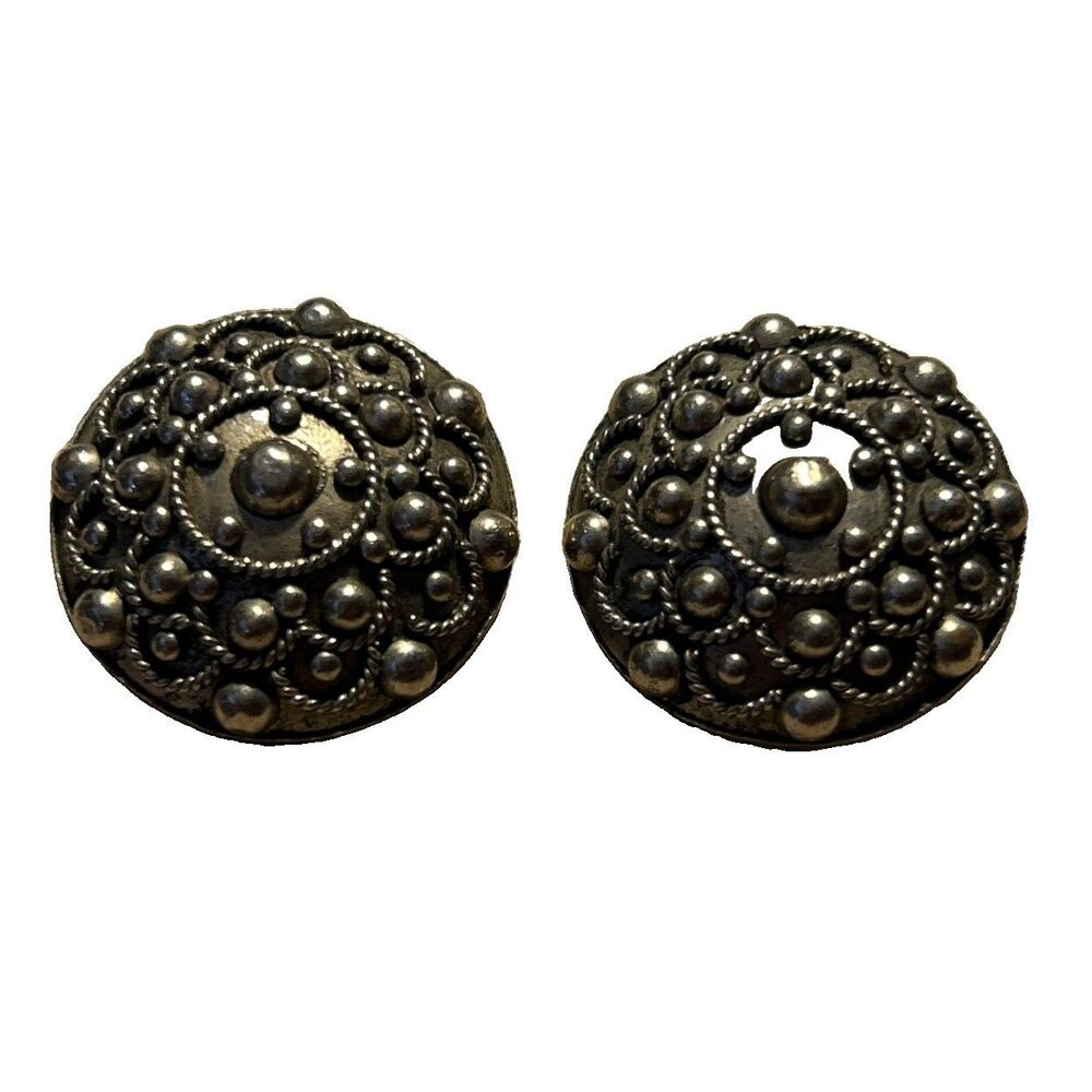 Vintage Silver Dome Clip Earrings Etruscan Revival Cannetille Filigree Alp Italy